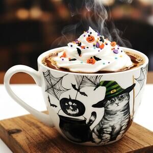 🎃 Creepy Cat Bone China Halloween Mug - Portobello By Design – Witch Bats Broom